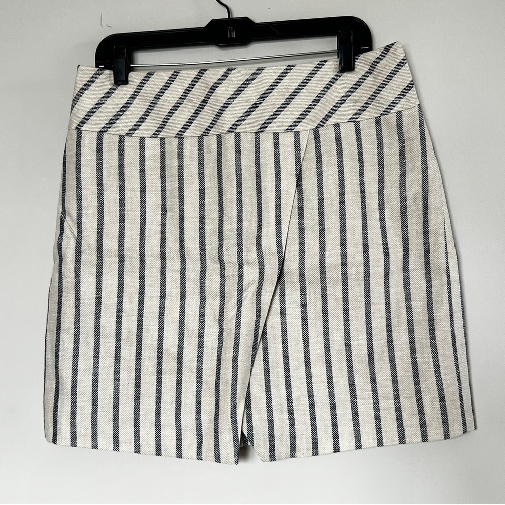 J. CREW 100% Linen Cream and Blue Striped Faux Wrap Skirt